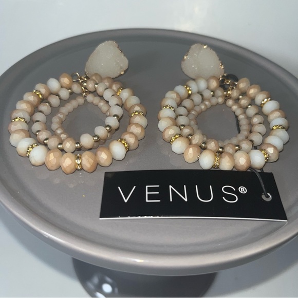 Venus Beaded Statement Earrings – Druzy Top & Triple Hoop Design - Picture 1 of 6